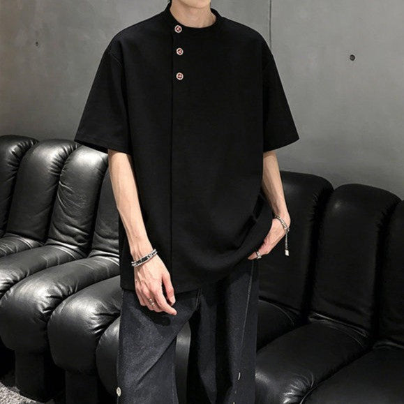 アシンメトリーヘンリーネック ハーフスリーブTシャツ