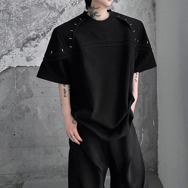 メタルピンリベット パッドショルダー ハーフスリーブTシャツ