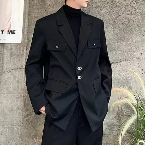 【秋コーデ1日目:3点セット】 ①黒ジャケット ②長袖ハイネックTシャツ黒 ③黒パンツ