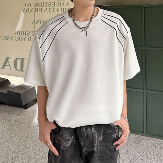 ラインデザイン パッドショルダー ハーフスリーブTシャツ