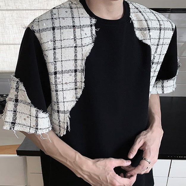 スウィッチ チェックドパターン パッドショルダー ハーフスリーブTシャツ