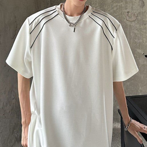 ラインデザイン パッドショルダー ハーフスリーブTシャツ