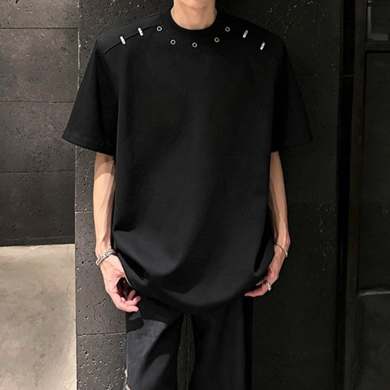 リベットデコレート パッドショルダー ハーフスリーブTシャツ