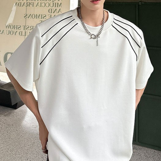 ラインデザイン パッドショルダー ハーフスリーブTシャツ