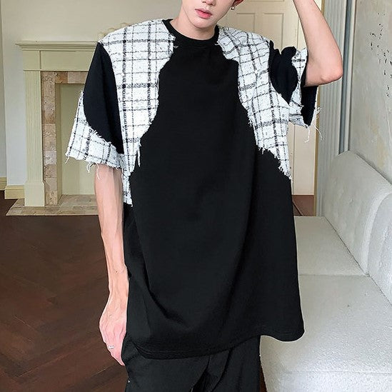 スウィッチ チェックドパターン パッドショルダー ハーフスリーブTシャツ