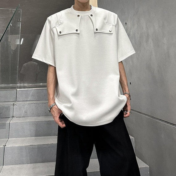 スプリットデザイン パッドショルダー ハーフスリーブTシャツ