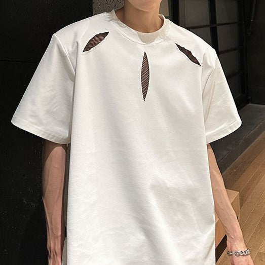 ポイントメッシュデザイン パッドショルダー ハーフスリーブTシャツ
