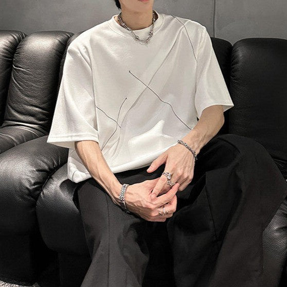 ラインデザイン パッドショルダー ハーフスリーブTシャツ