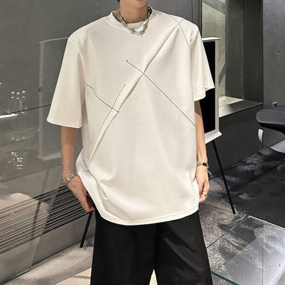 ラインデザイン パッドショルダー ハーフスリーブTシャツ