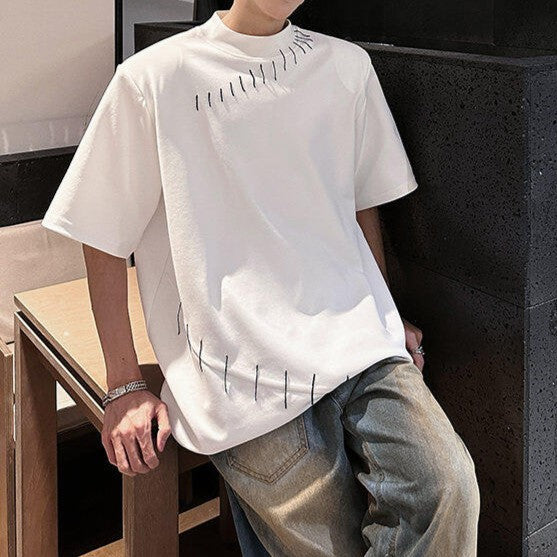 ハンドステッチデザイン パッドショルダー ハーフスリーブTシャツ
