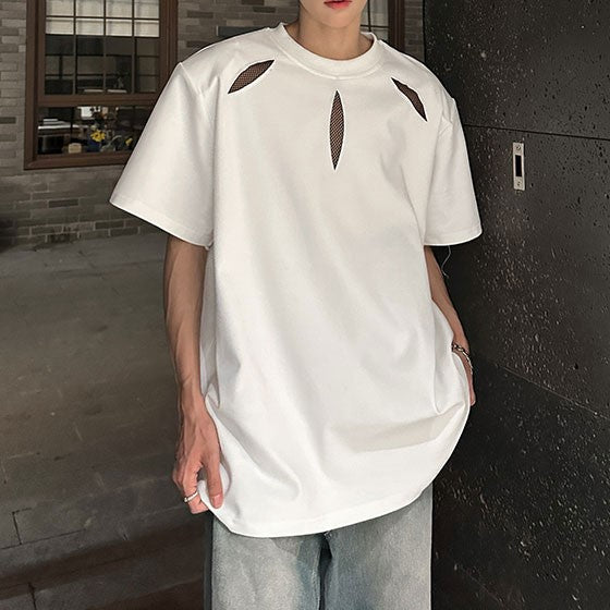 ポイントメッシュデザイン パッドショルダー ハーフスリーブTシャツ
