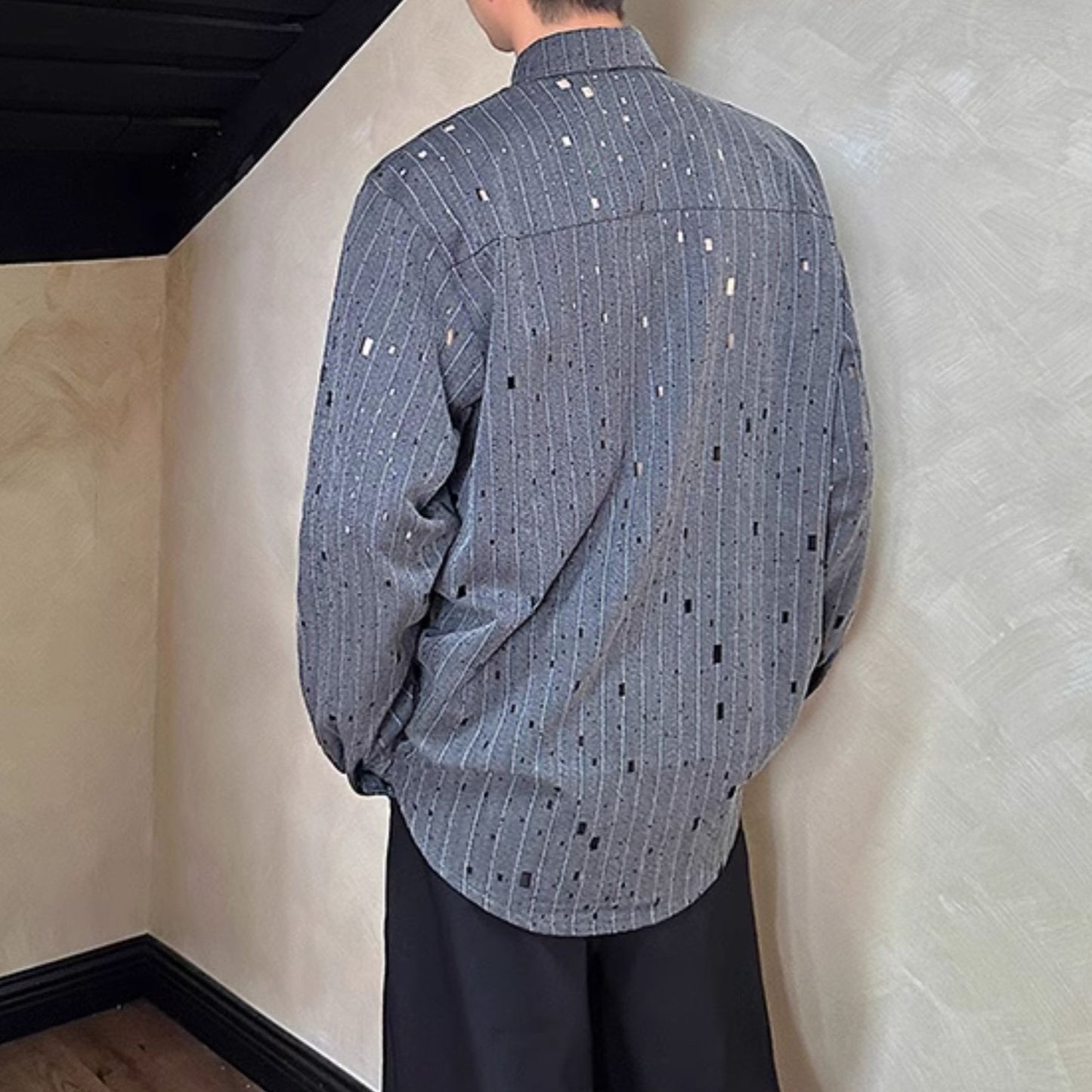 ダークグレー ストライプ ロングスリーブシャツ