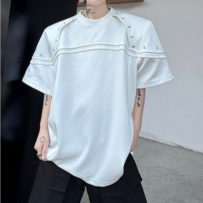 メタルピンリベット パッドショルダー ハーフスリーブTシャツ