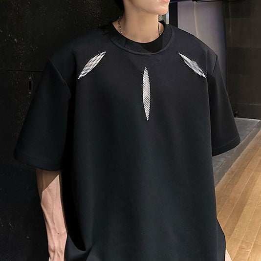 ポイントメッシュデザイン パッドショルダー ハーフスリーブTシャツ