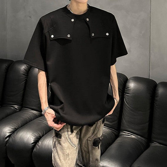 スプリットデザイン パッドショルダー ハーフスリーブTシャツ