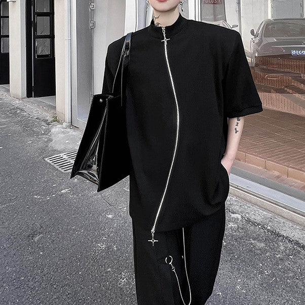 ハイネック パッドショルダー ハーフスリーブシャツ