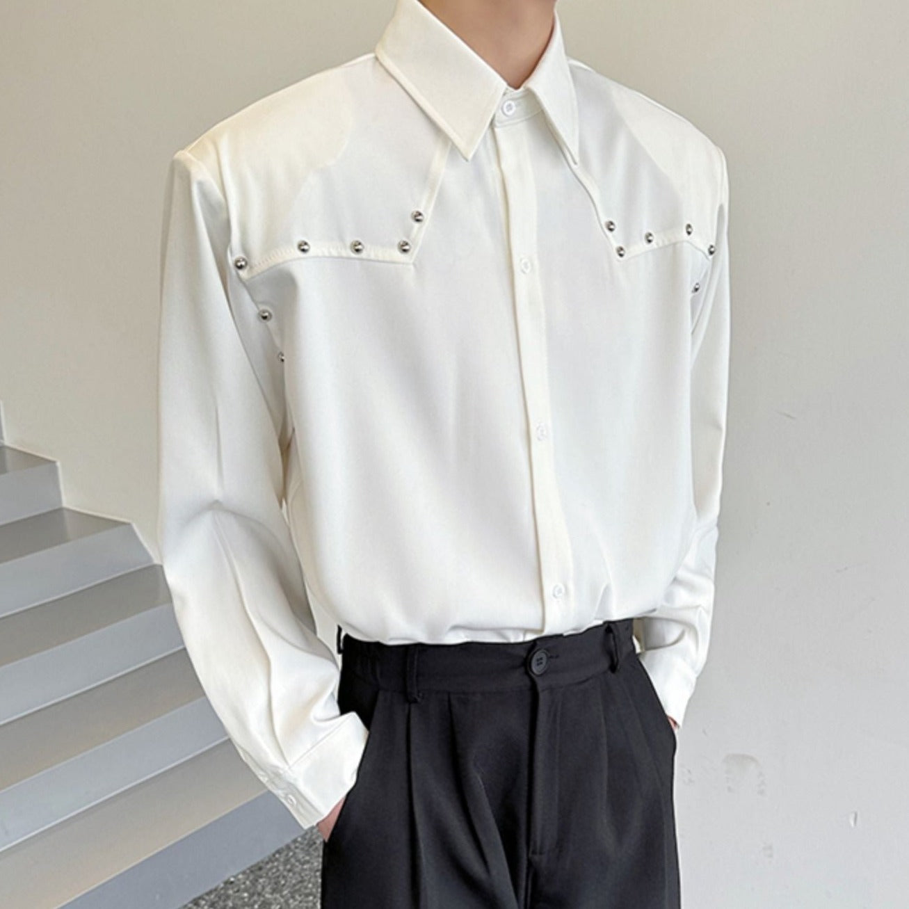 リベットデザイン ロングスリーブ カラーシャツ