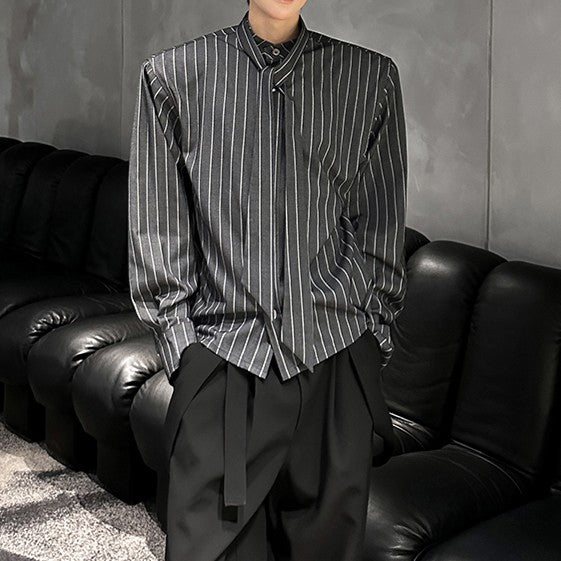 ストライプ パッドショルダー スタンドカラー ロングスリーブシャツ