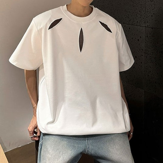 ポイントメッシュデザイン パッドショルダー ハーフスリーブTシャツ
