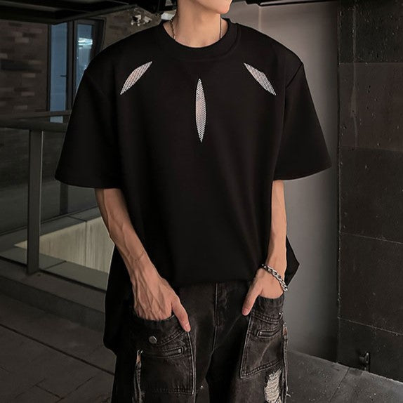 ポイントメッシュデザイン パッドショルダー ハーフスリーブTシャツ