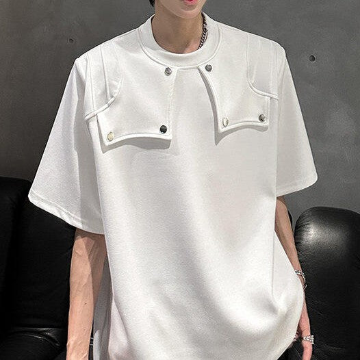スプリットデザイン パッドショルダー ハーフスリーブTシャツ
