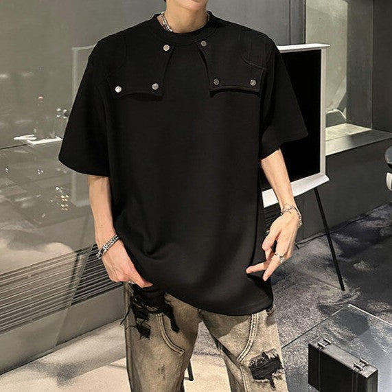 スプリットデザイン パッドショルダー ハーフスリーブTシャツ