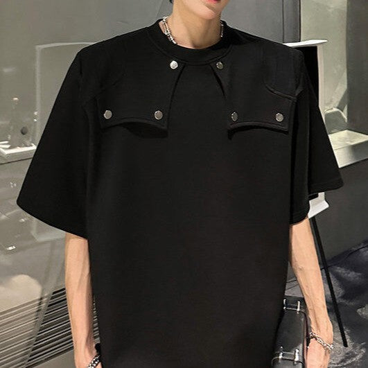 スプリットデザイン パッドショルダー ハーフスリーブTシャツ