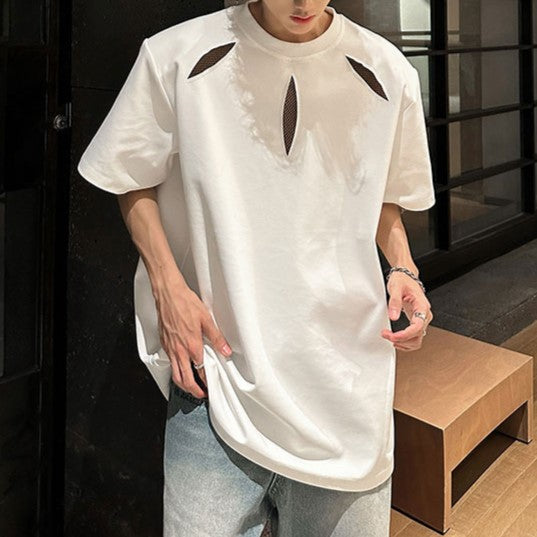 ポイントメッシュデザイン パッドショルダー ハーフスリーブTシャツ