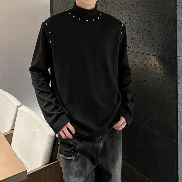 スタッズデザイン ロングスリーブ ハイネックTシャツ