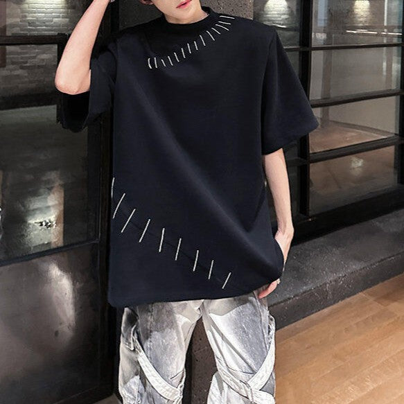 ハンドステッチデザイン パッドショルダー ハーフスリーブTシャツ
