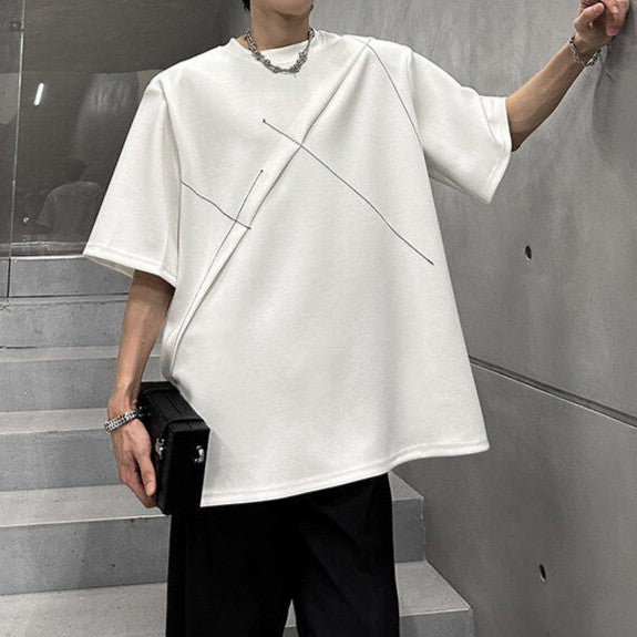 ラインデザイン パッドショルダー ハーフスリーブTシャツ