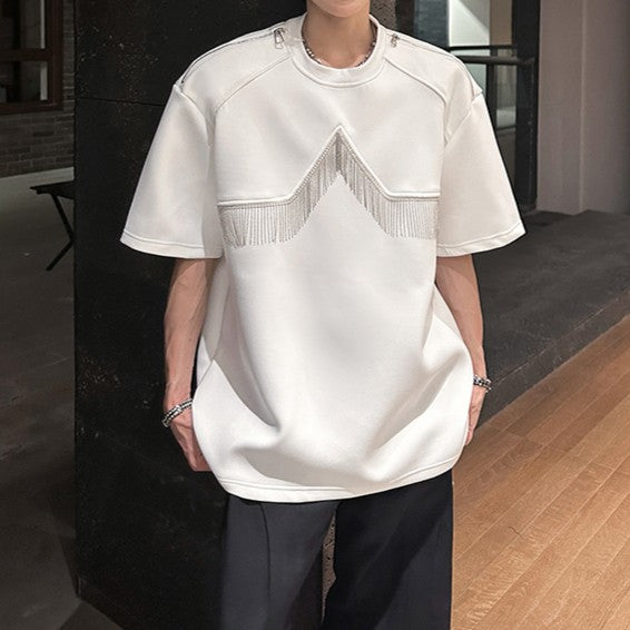 フリンジデザイン パッドショルダー ハーフスリーブTシャツ