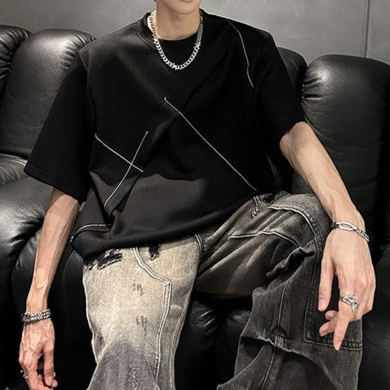 ラインデザイン パッドショルダー ハーフスリーブTシャツ