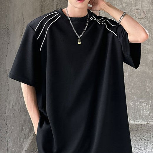ラインデザイン パッドショルダー ハーフスリーブTシャツ