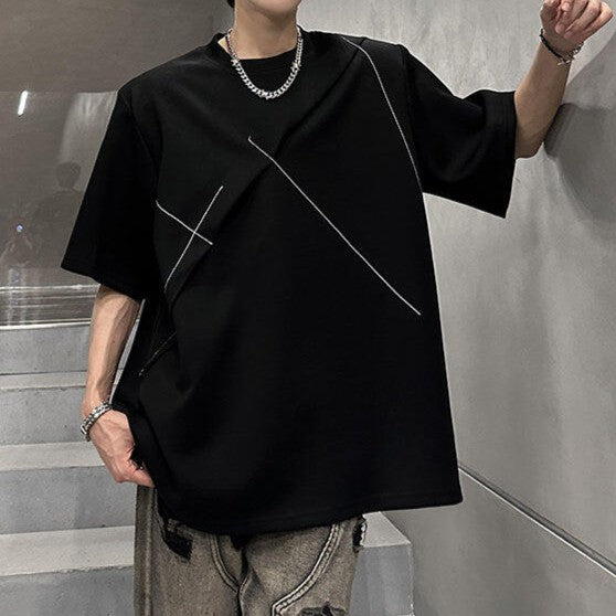 ラインデザイン パッドショルダー ハーフスリーブTシャツ