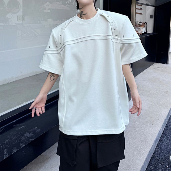 メタルピンリベット パッドショルダー ハーフスリーブTシャツ