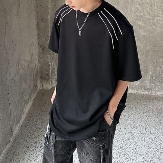 ラインデザイン パッドショルダー ハーフスリーブTシャツ