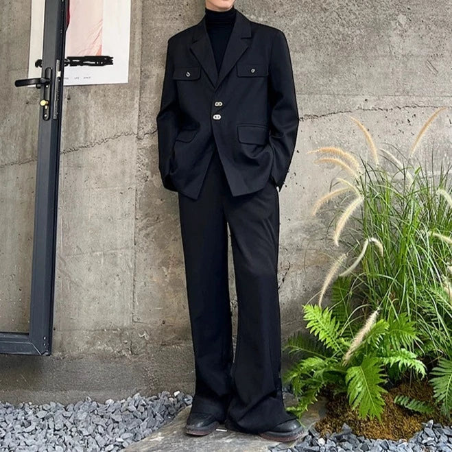 【秋コーデ1日目:3点セット】 ①黒ジャケット ②長袖ハイネックTシャツ黒 ③黒パンツ