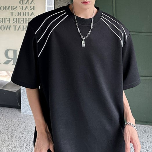 ラインデザイン パッドショルダー ハーフスリーブTシャツ