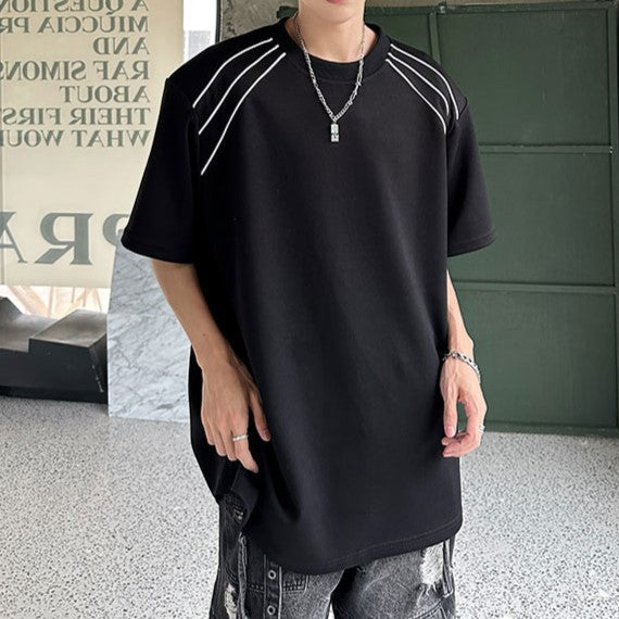 ラインデザイン パッドショルダー ハーフスリーブTシャツ