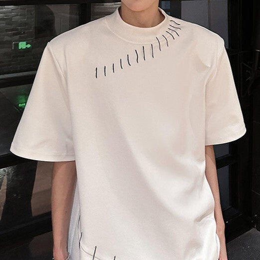 ハンドステッチデザイン パッドショルダー ハーフスリーブTシャツ