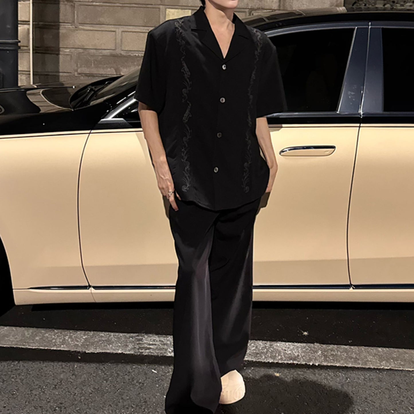 ノッチドラペルカラー ダーク ハーフスリーブシャツ