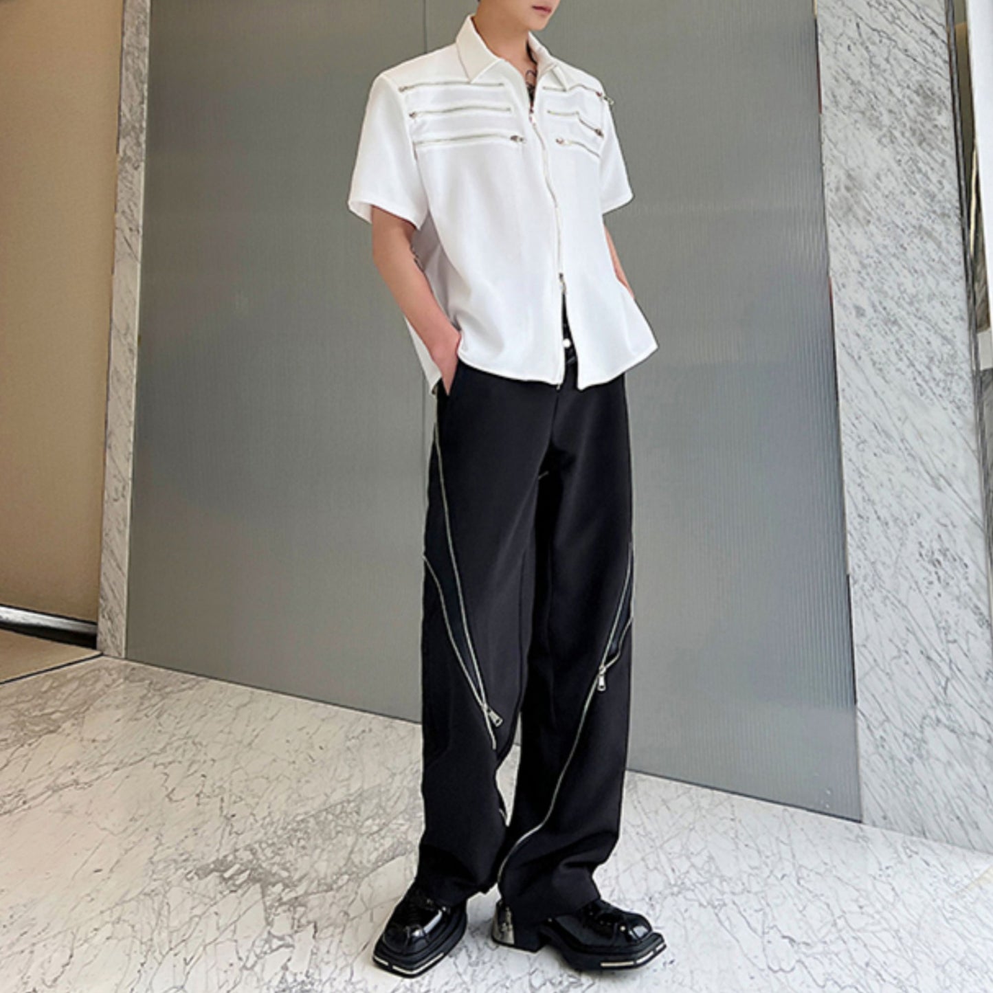 ジップデザイン ハーフスリーブ シャツ