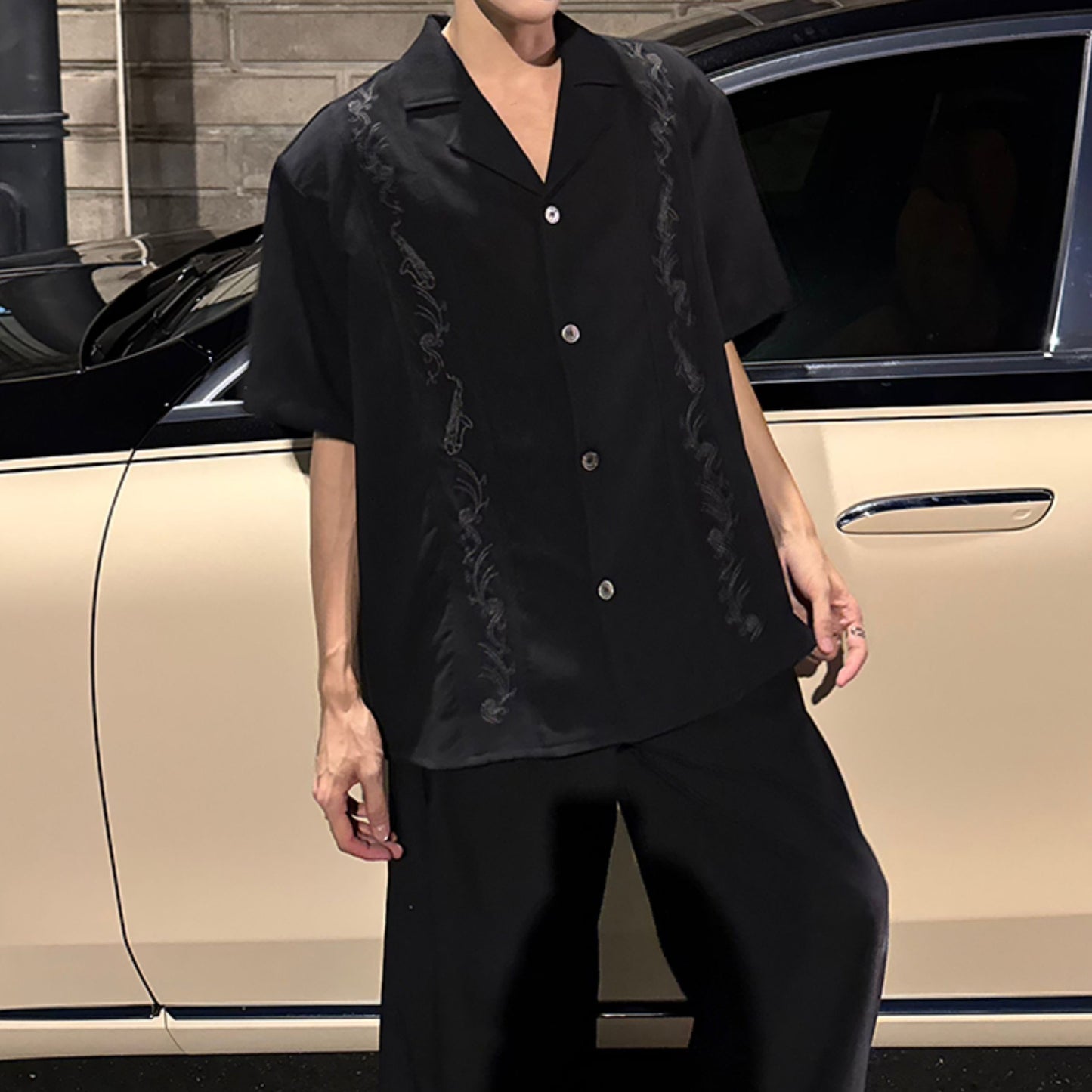 ノッチドラペルカラー ダーク ハーフスリーブシャツ