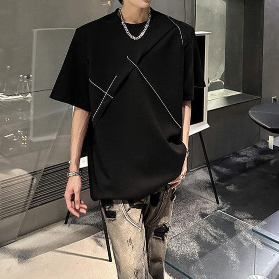 ラインデザイン パッドショルダー ハーフスリーブTシャツ