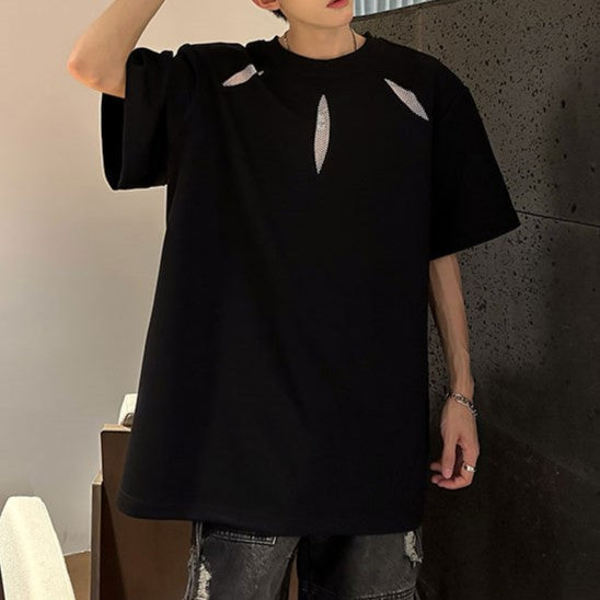 ポイントメッシュデザイン パッドショルダー ハーフスリーブTシャツ