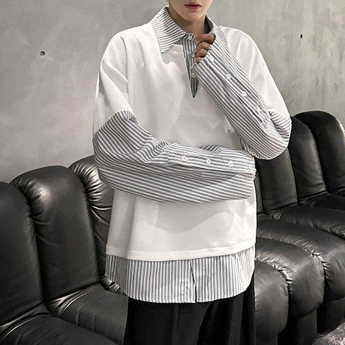 フェイクレイヤード カラーストライプ ロングスリーブシャツ