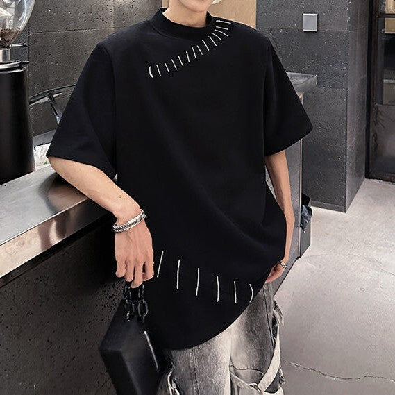 ハンドステッチデザイン パッドショルダー ハーフスリーブTシャツ