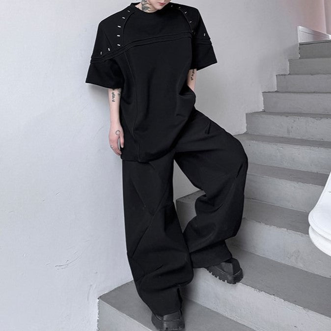 メタルピンリベット パッドショルダー ハーフスリーブTシャツ