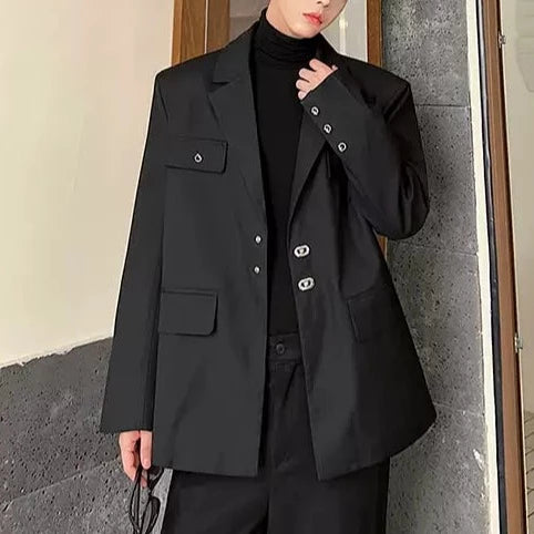 【秋コーデ1日目:3点セット】 ①黒ジャケット ②長袖ハイネックTシャツ黒 ③黒パンツ